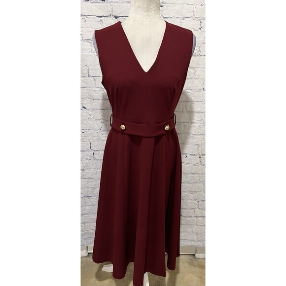 CALVIN KLEIN FIT & FLARE V-NECK MIDI SLEEVLESS DRESS, DARK RED SIZE 8 - Picture 1 of 9